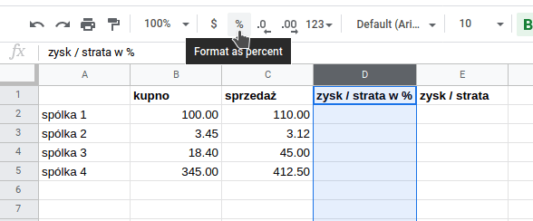 Obliczanie procentów w arkuszu kalkulacyjnym